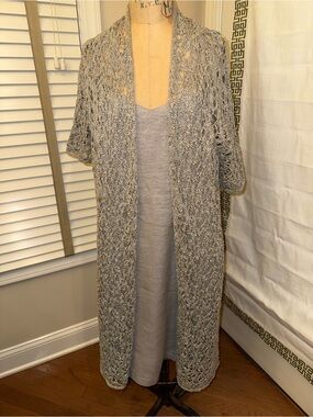 Eileen Fisher Light Gray Open Knit Silver Metallic Long Cardigan 1X